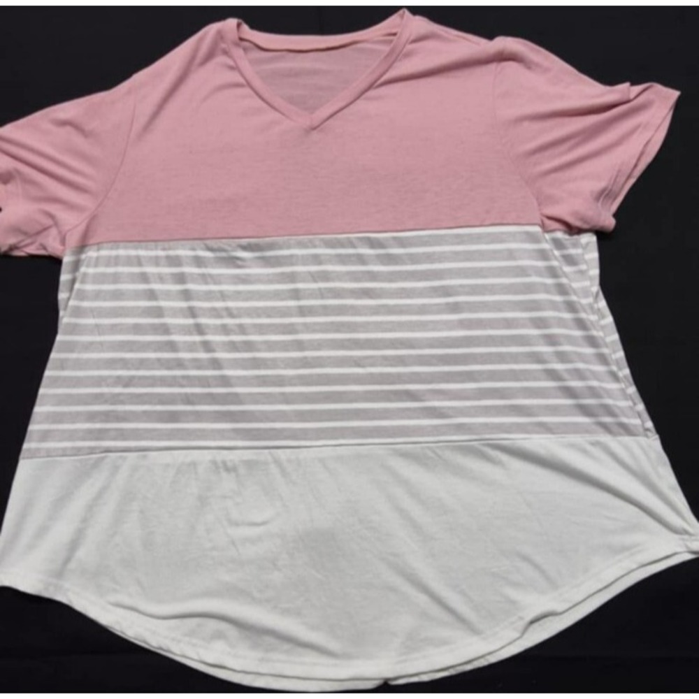 VISLILY Women's Plus Size T-Shirt blocked Pink/White/Gray Striped sz 24W  v-neck